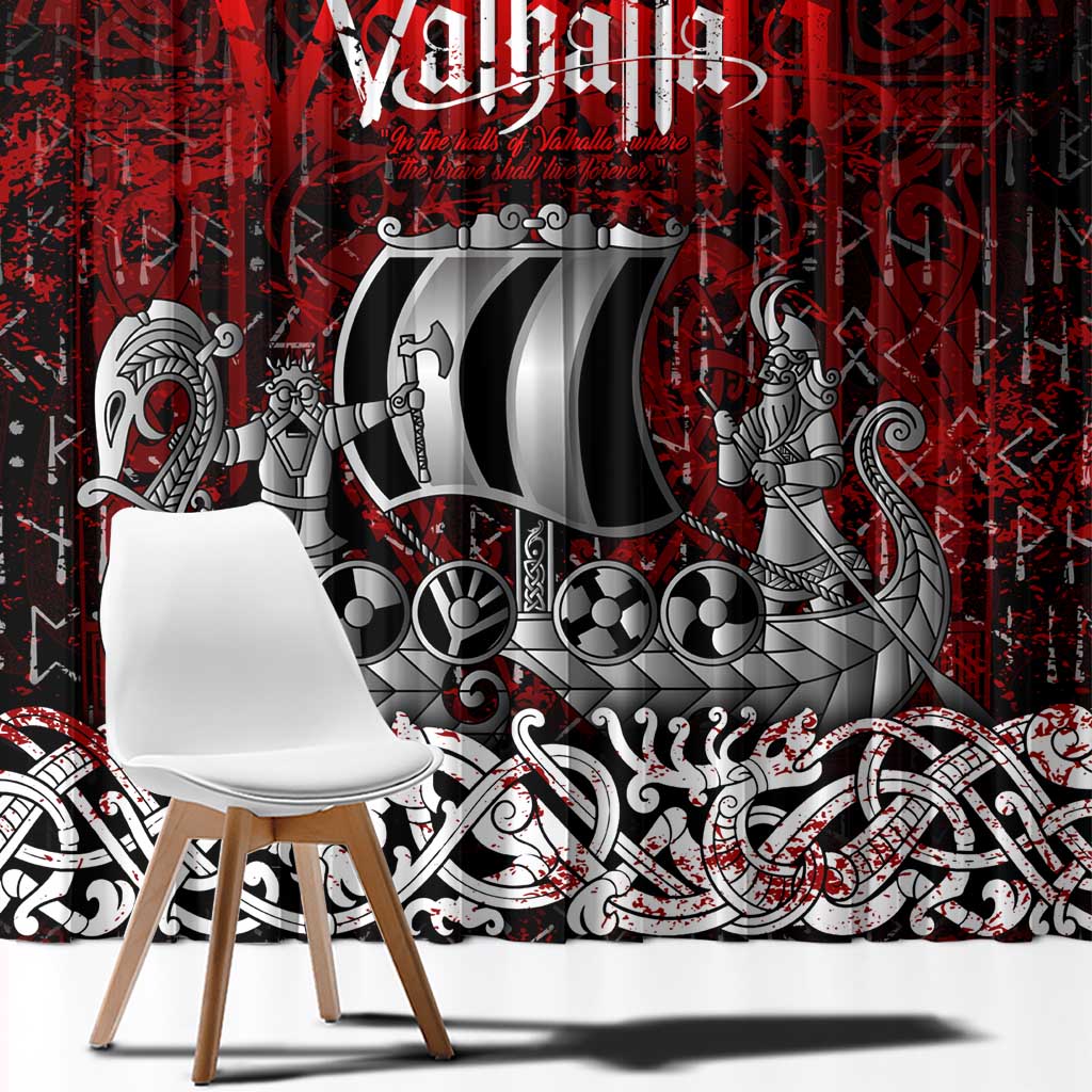 Blood Flows to Valhalla Window Curtain Viking Longship Nordic Knotwork - Dark Mythology