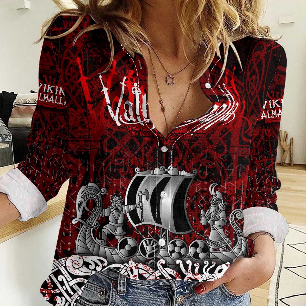 Blood Flows to Valhalla Women Casual Shirt Viking Longship Nordic Knotwork - Dark Mythology