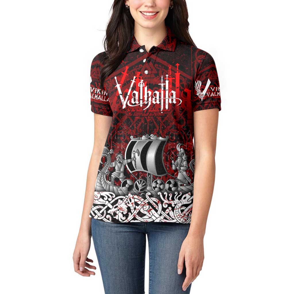 Blood Flows to Valhalla Women Polo Shirt Viking Longship Nordic Knotwork - Dark Mythology