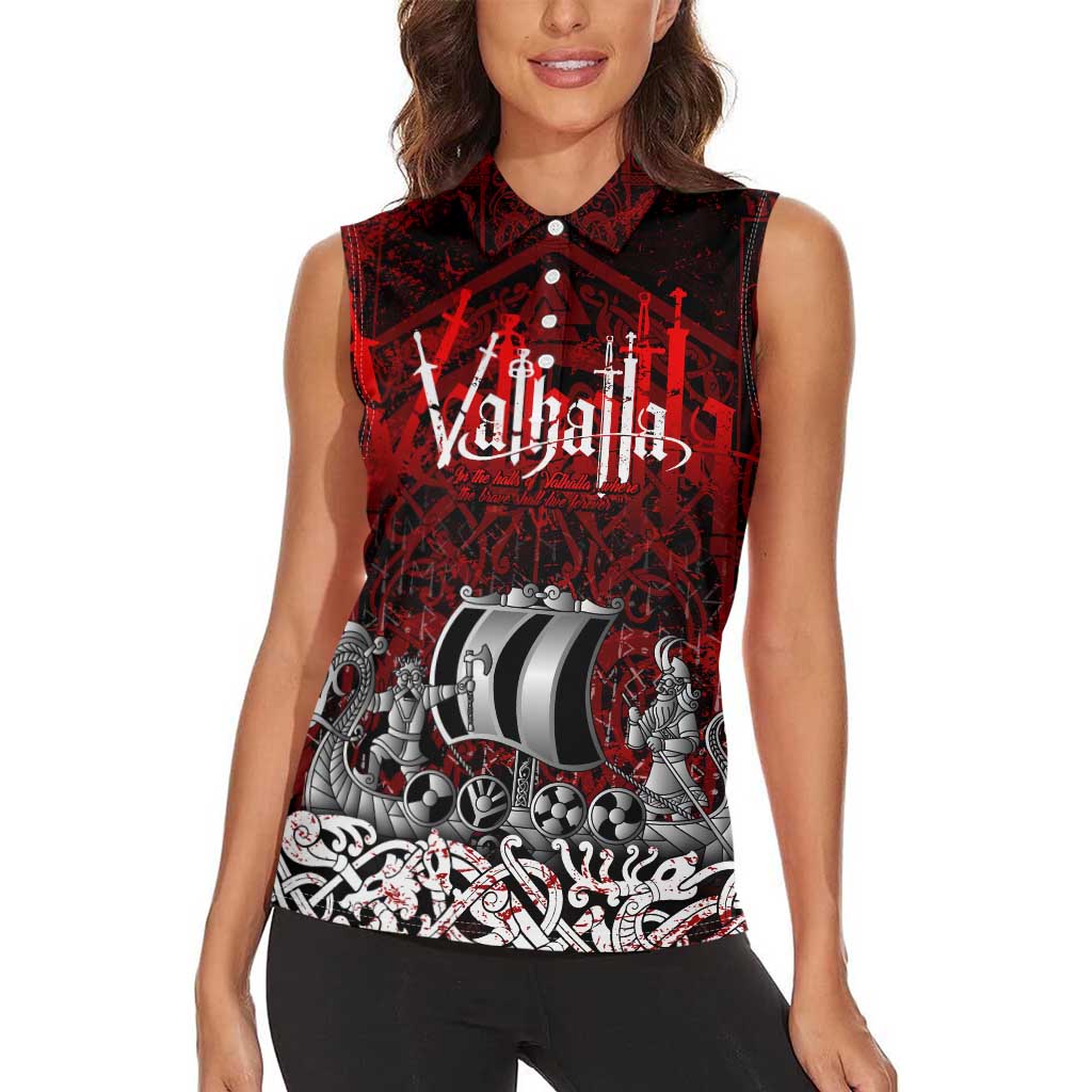 Blood Flows to Valhalla Women Sleeveless Polo Shirt Viking Longship Nordic Knotwork - Dark Mythology
