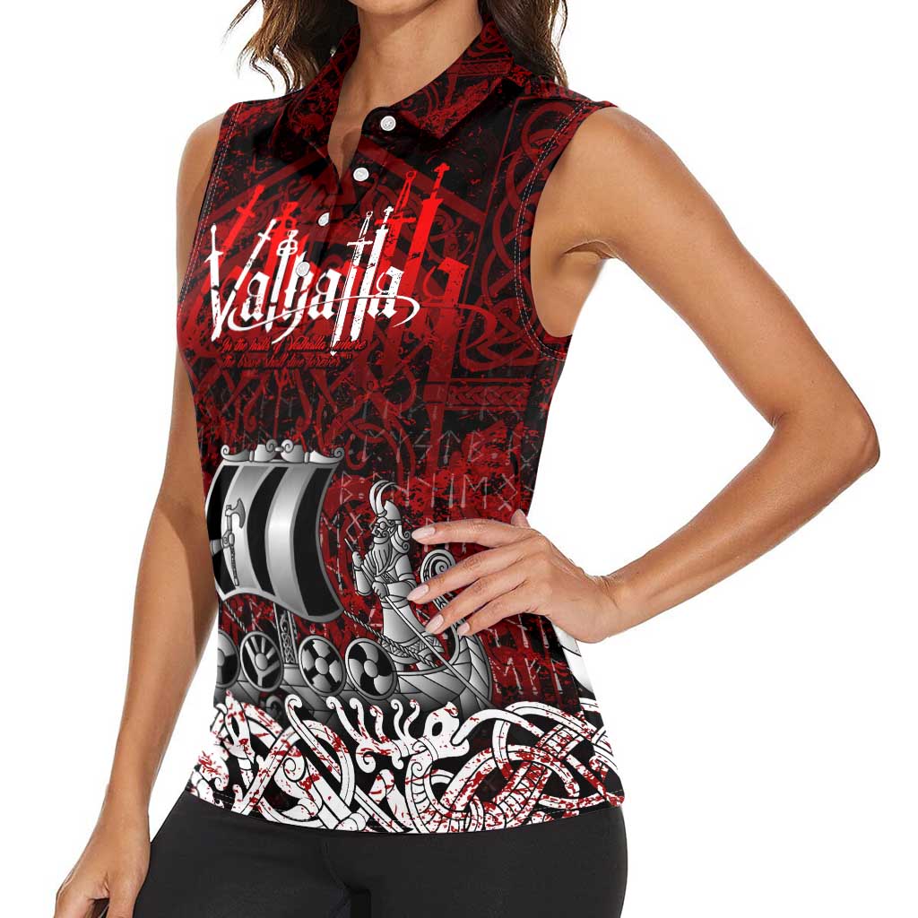 Blood Flows to Valhalla Women Sleeveless Polo Shirt Viking Longship Nordic Knotwork - Dark Mythology