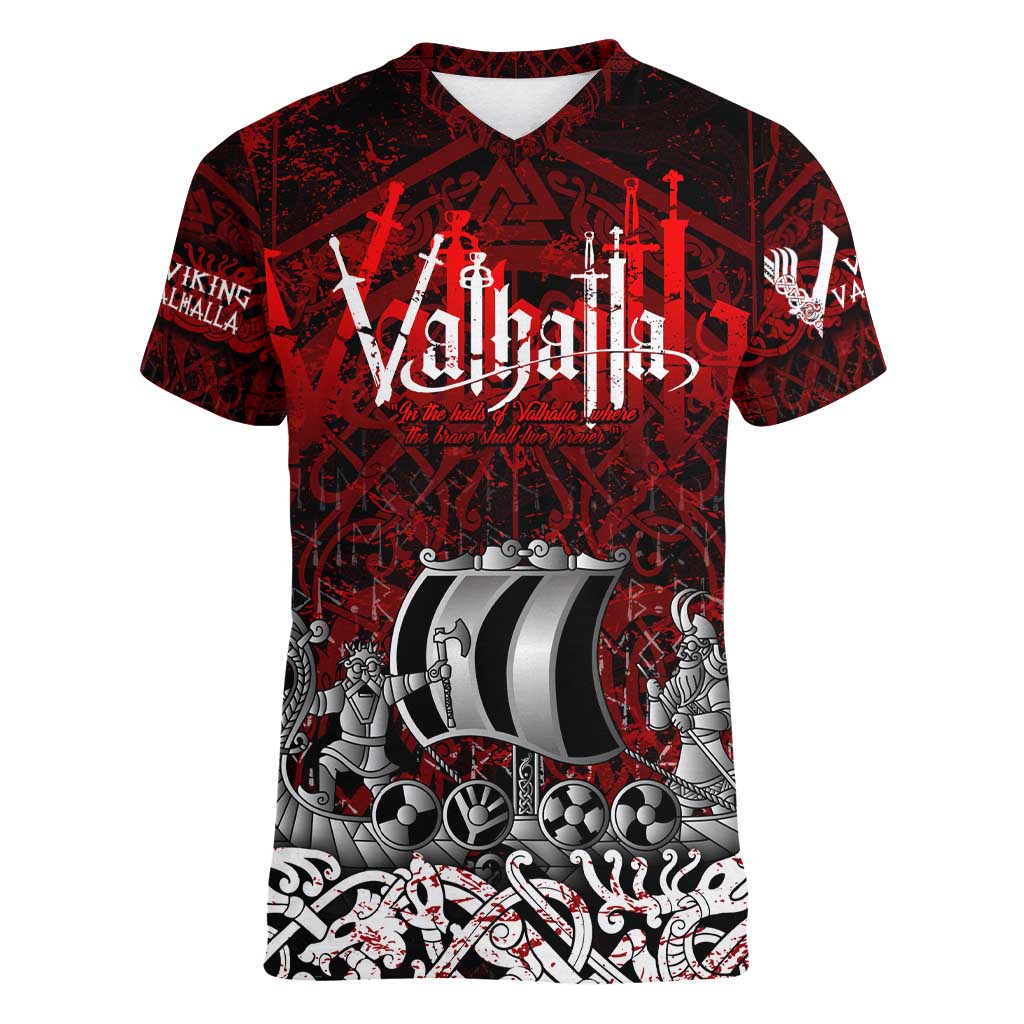 Blood Flows to Valhalla Women V-Neck T-Shirt Viking Longship Nordic Knotwork - Dark Mythology