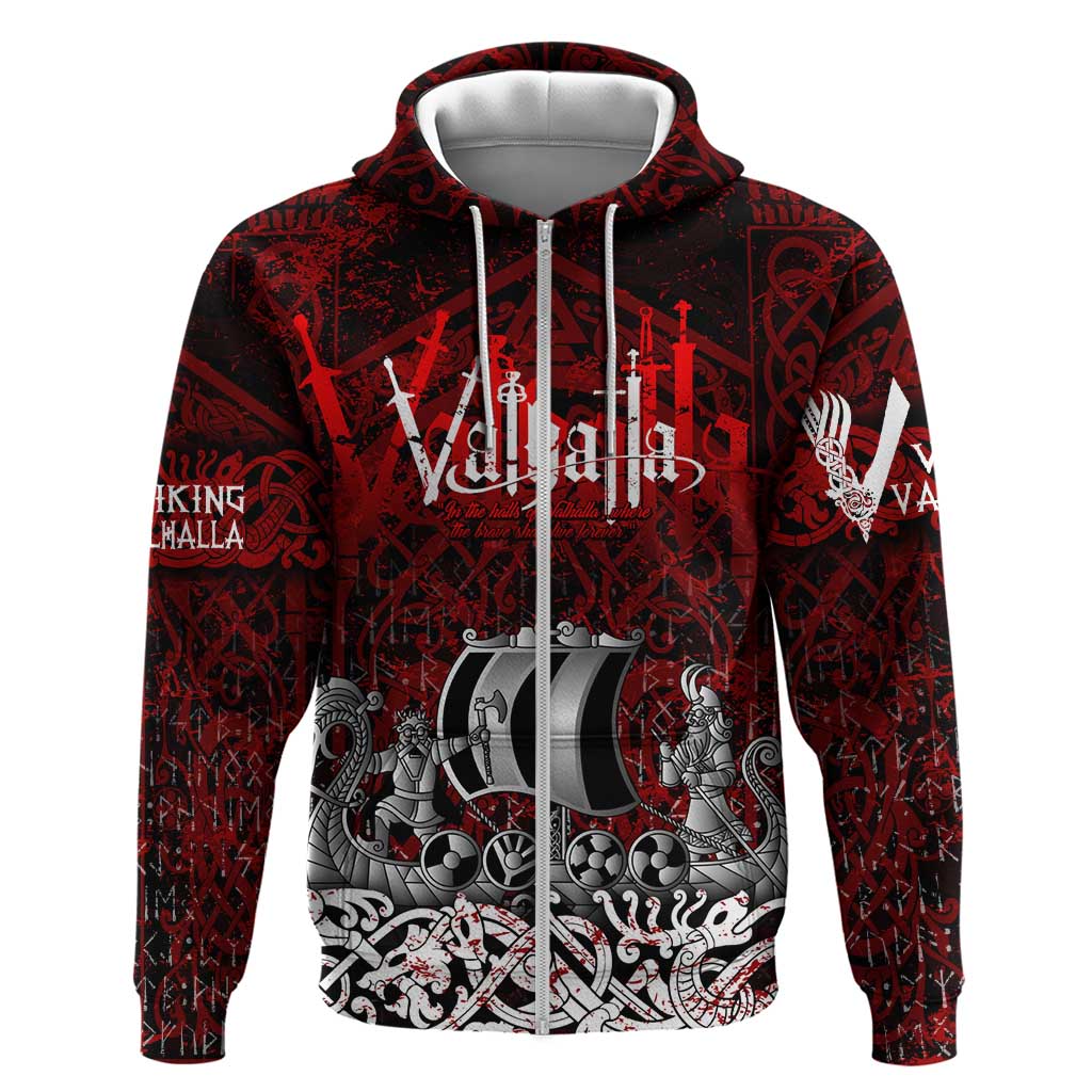 Blood Flows to Valhalla Zip Hoodie Viking Longship Nordic Knotwork - Dark Mythology