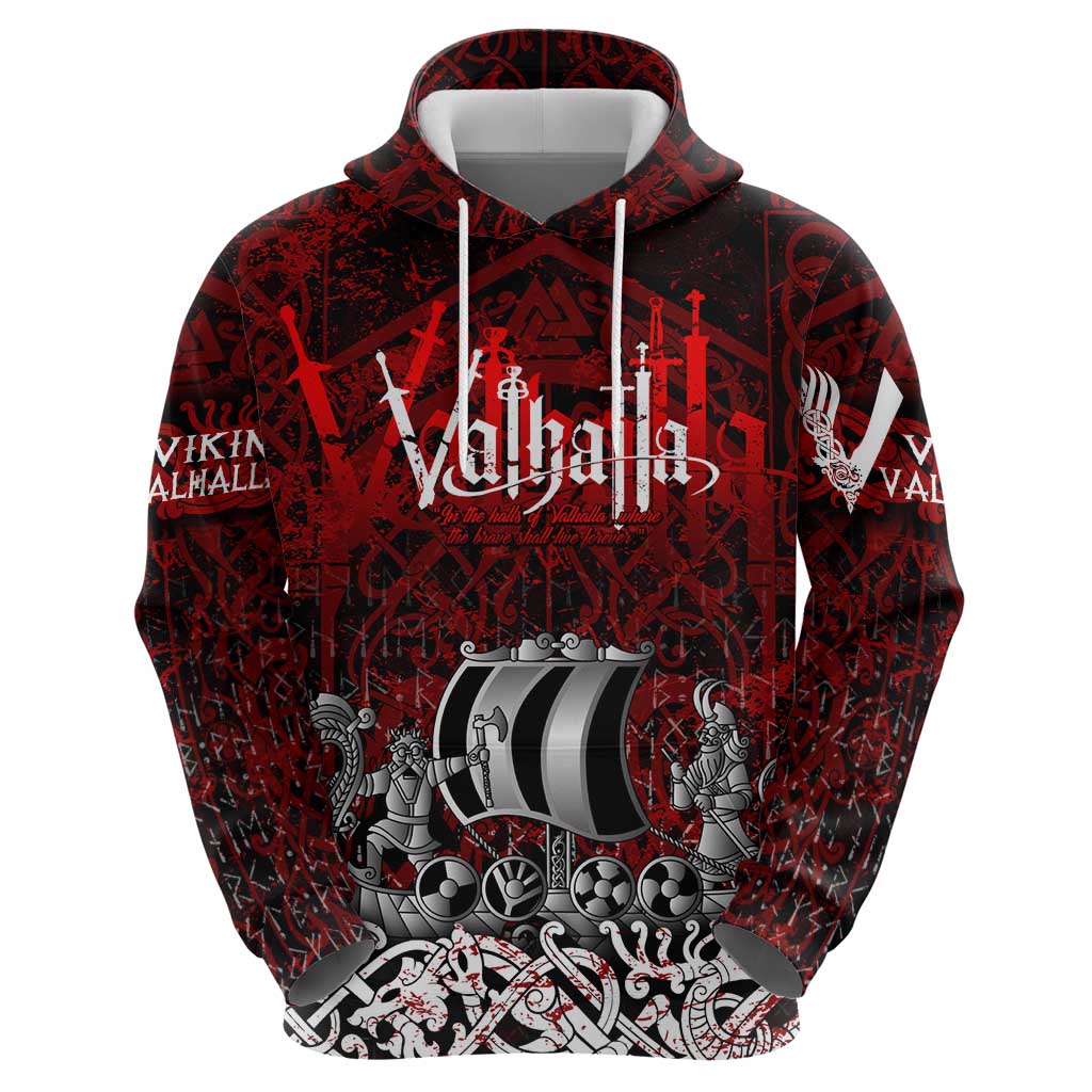Blood Flows to Valhalla Zip Hoodie Viking Longship Nordic Knotwork - Dark Mythology