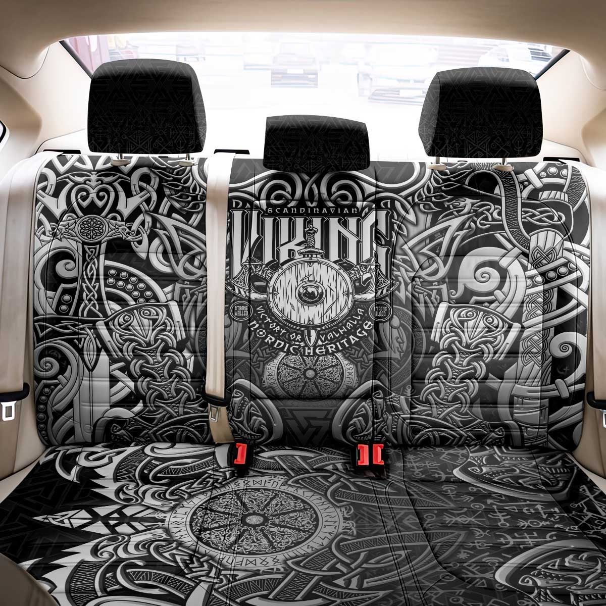 Scandinavian Viking Back Car Seat Cover Norse Warrior Sigil - Helmet and Battle Axes