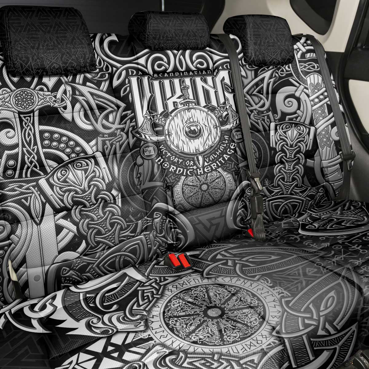 Scandinavian Viking Back Car Seat Cover Norse Warrior Sigil - Helmet and Battle Axes