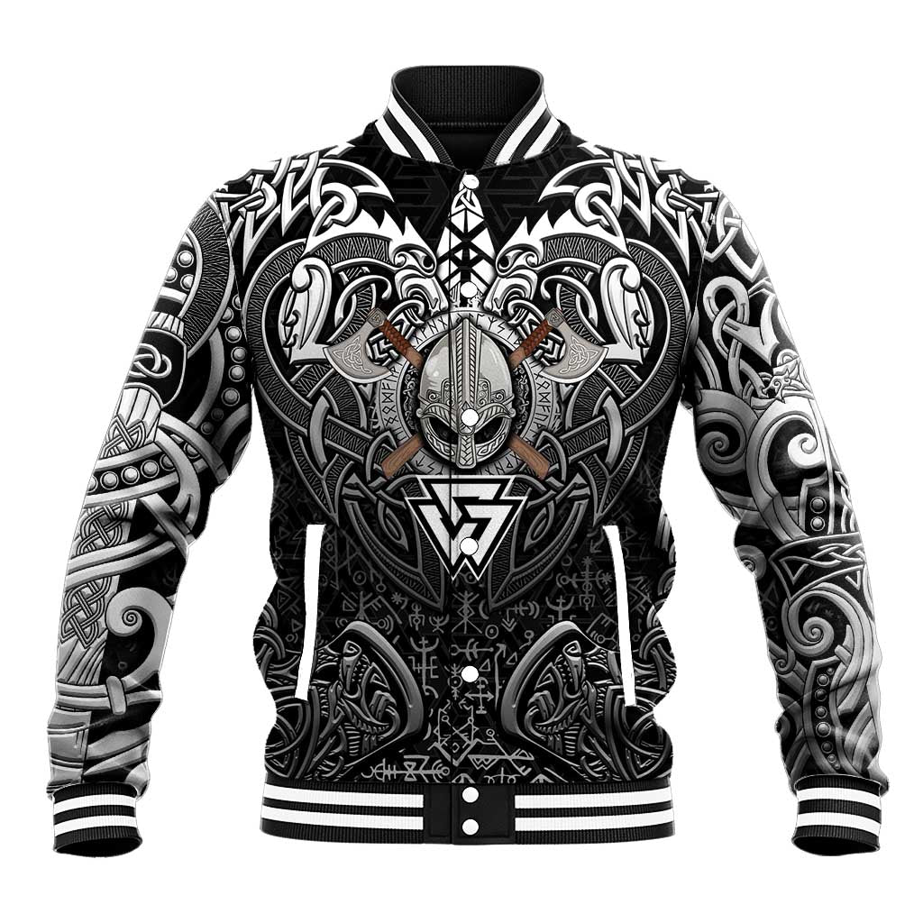Scandinavian Viking Baseball Jacket Norse Warrior Sigil - Helmet and Battle Axes