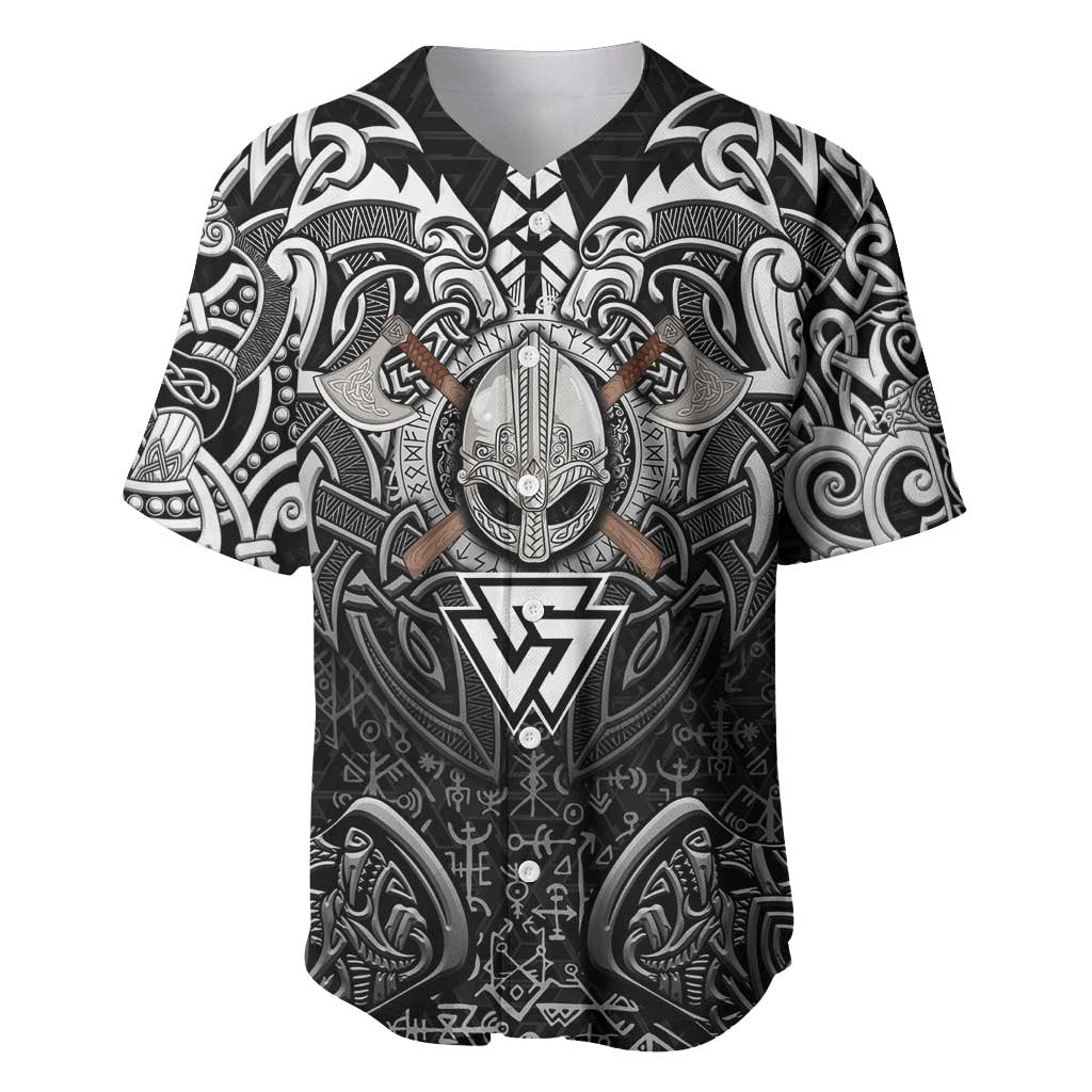 Scandinavian Viking Baseball Jersey Norse Warrior Sigil - Helmet and Battle Axes