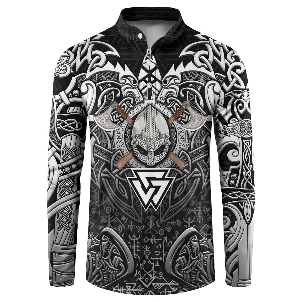 Scandinavian Viking Button Sweatshirt Norse Warrior Sigil - Helmet and Battle Axes