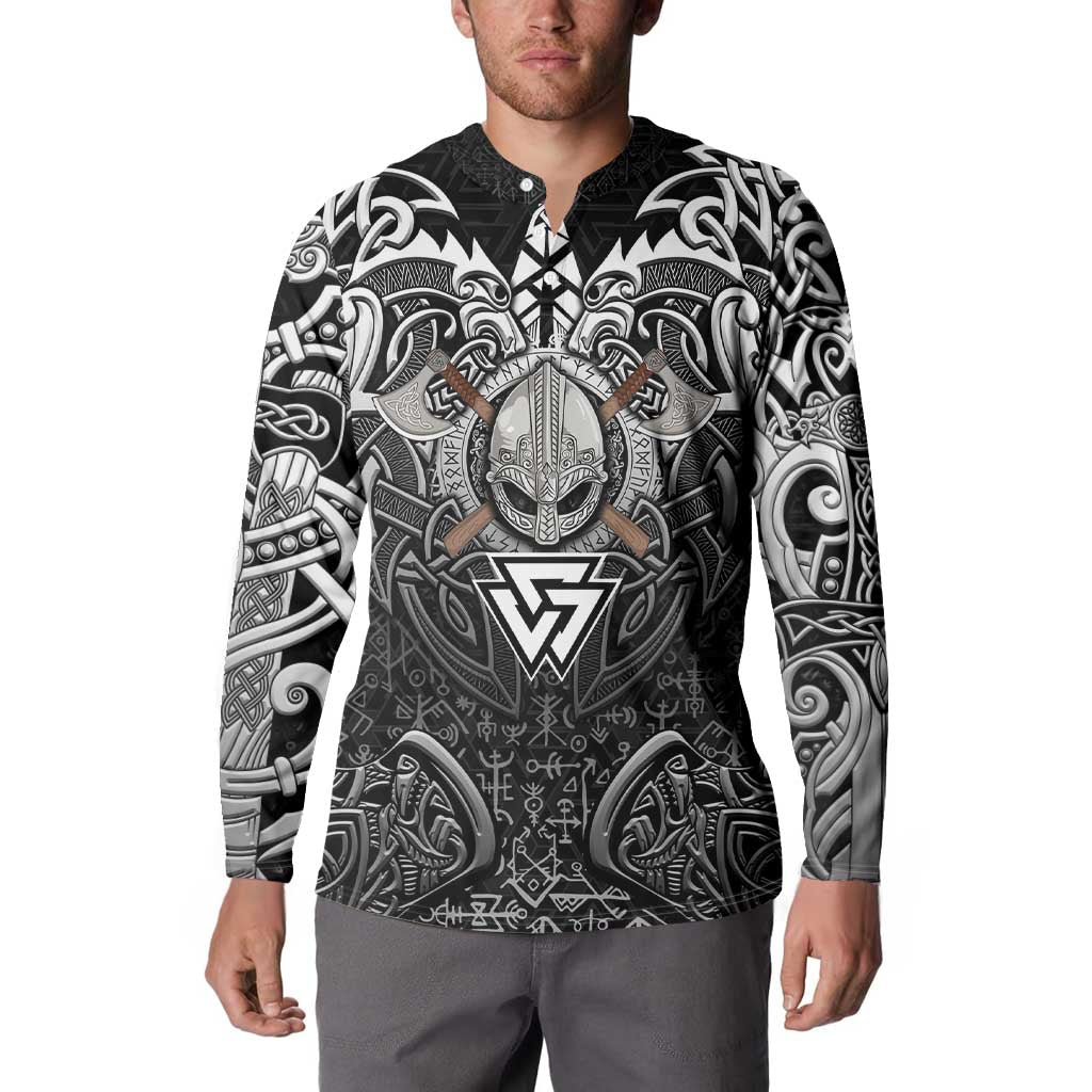 Scandinavian Viking Button Sweatshirt Norse Warrior Sigil - Helmet and Battle Axes
