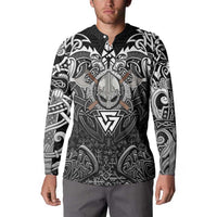 Scandinavian Viking Button Sweatshirt Norse Warrior Sigil - Helmet and Battle Axes