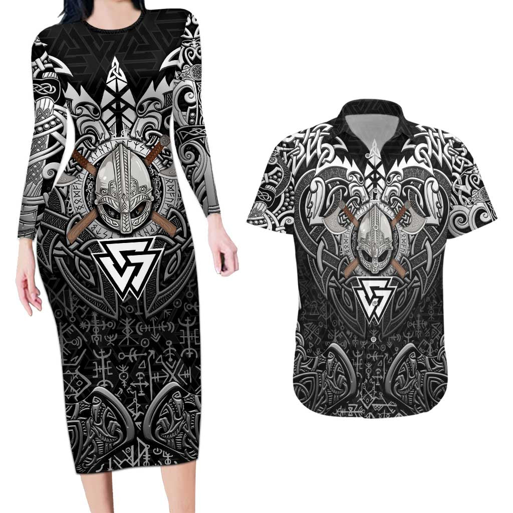 Scandinavian Viking Couples Matching Long Sleeve Bodycon Dress and Hawaiian Shirt Norse Warrior Sigil - Helmet and Battle Axes