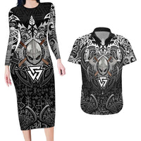 Scandinavian Viking Couples Matching Long Sleeve Bodycon Dress and Hawaiian Shirt Norse Warrior Sigil - Helmet and Battle Axes