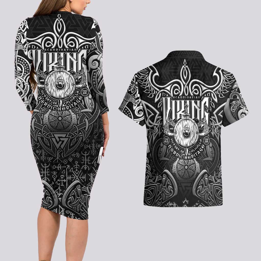 Scandinavian Viking Couples Matching Long Sleeve Bodycon Dress and Hawaiian Shirt Norse Warrior Sigil - Helmet and Battle Axes