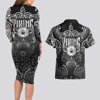 Scandinavian Viking Couples Matching Long Sleeve Bodycon Dress and Hawaiian Shirt Norse Warrior Sigil - Helmet and Battle Axes