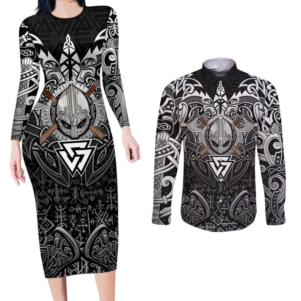 Scandinavian Viking Couples Matching Long Sleeve Bodycon Dress and Long Sleeve Button Shirt Norse Warrior Sigil - Helmet and Battle Axes