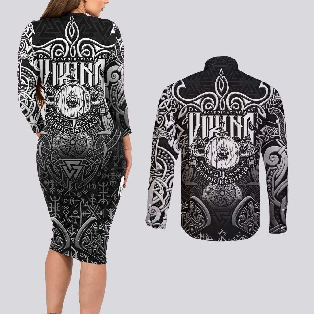 Scandinavian Viking Couples Matching Long Sleeve Bodycon Dress and Long Sleeve Button Shirt Norse Warrior Sigil - Helmet and Battle Axes