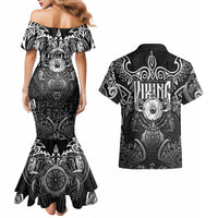 Scandinavian Viking Couples Matching Mermaid Dress and Hawaiian Shirt Norse Warrior Sigil - Helmet and Battle Axes