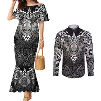 Scandinavian Viking Couples Matching Mermaid Dress and Long Sleeve Button Shirt Norse Warrior Sigil - Helmet and Battle Axes