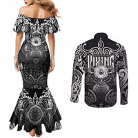 Scandinavian Viking Couples Matching Mermaid Dress and Long Sleeve Button Shirt Norse Warrior Sigil - Helmet and Battle Axes