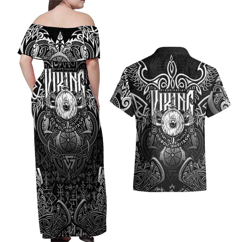 Scandinavian Viking Couples Matching Off Shoulder Maxi Dress and Hawaiian Shirt Norse Warrior Sigil - Helmet and Battle Axes