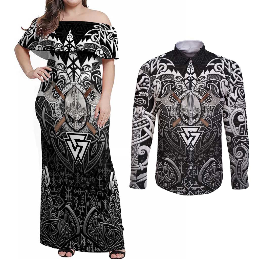 Scandinavian Viking Couples Matching Off Shoulder Maxi Dress and Long Sleeve Button Shirt Norse Warrior Sigil - Helmet and Battle Axes