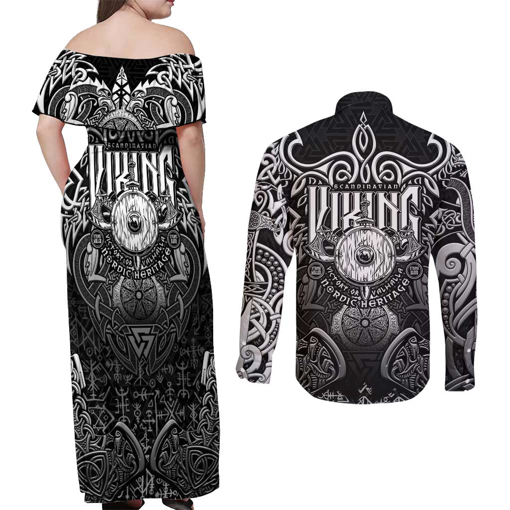 Scandinavian Viking Couples Matching Off Shoulder Maxi Dress and Long Sleeve Button Shirt Norse Warrior Sigil - Helmet and Battle Axes