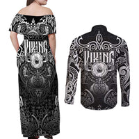 Scandinavian Viking Couples Matching Off Shoulder Maxi Dress and Long Sleeve Button Shirt Norse Warrior Sigil - Helmet and Battle Axes