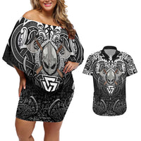 Scandinavian Viking Couples Matching Off Shoulder Short Dress and Hawaiian Shirt Norse Warrior Sigil - Helmet and Battle Axes