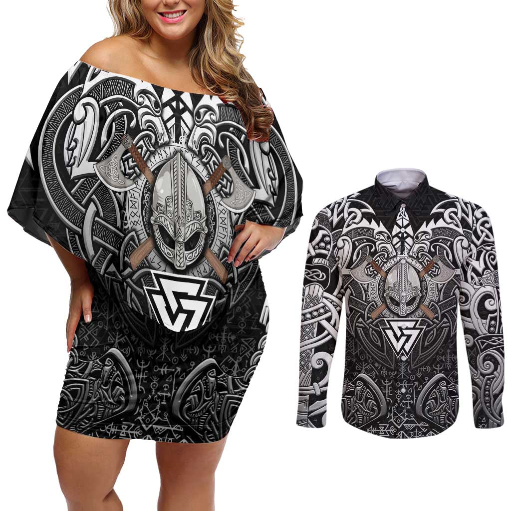 Scandinavian Viking Couples Matching Off Shoulder Short Dress and Long Sleeve Button Shirt Norse Warrior Sigil - Helmet and Battle Axes
