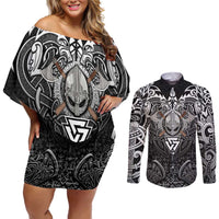Scandinavian Viking Couples Matching Off Shoulder Short Dress and Long Sleeve Button Shirt Norse Warrior Sigil - Helmet and Battle Axes