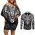 Scandinavian Viking Couples Matching Off Shoulder Short Dress and Long Sleeve Button Shirt Norse Warrior Sigil - Helmet and Battle Axes