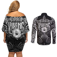 Scandinavian Viking Couples Matching Off Shoulder Short Dress and Long Sleeve Button Shirt Norse Warrior Sigil - Helmet and Battle Axes