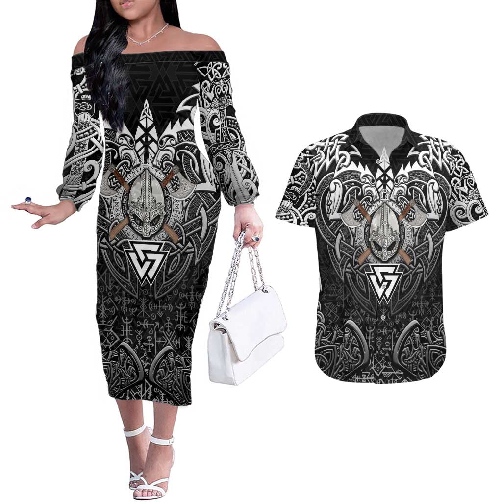 Scandinavian Viking Couples Matching Off The Shoulder Long Sleeve Dress and Hawaiian Shirt Norse Warrior Sigil - Helmet and Battle Axes