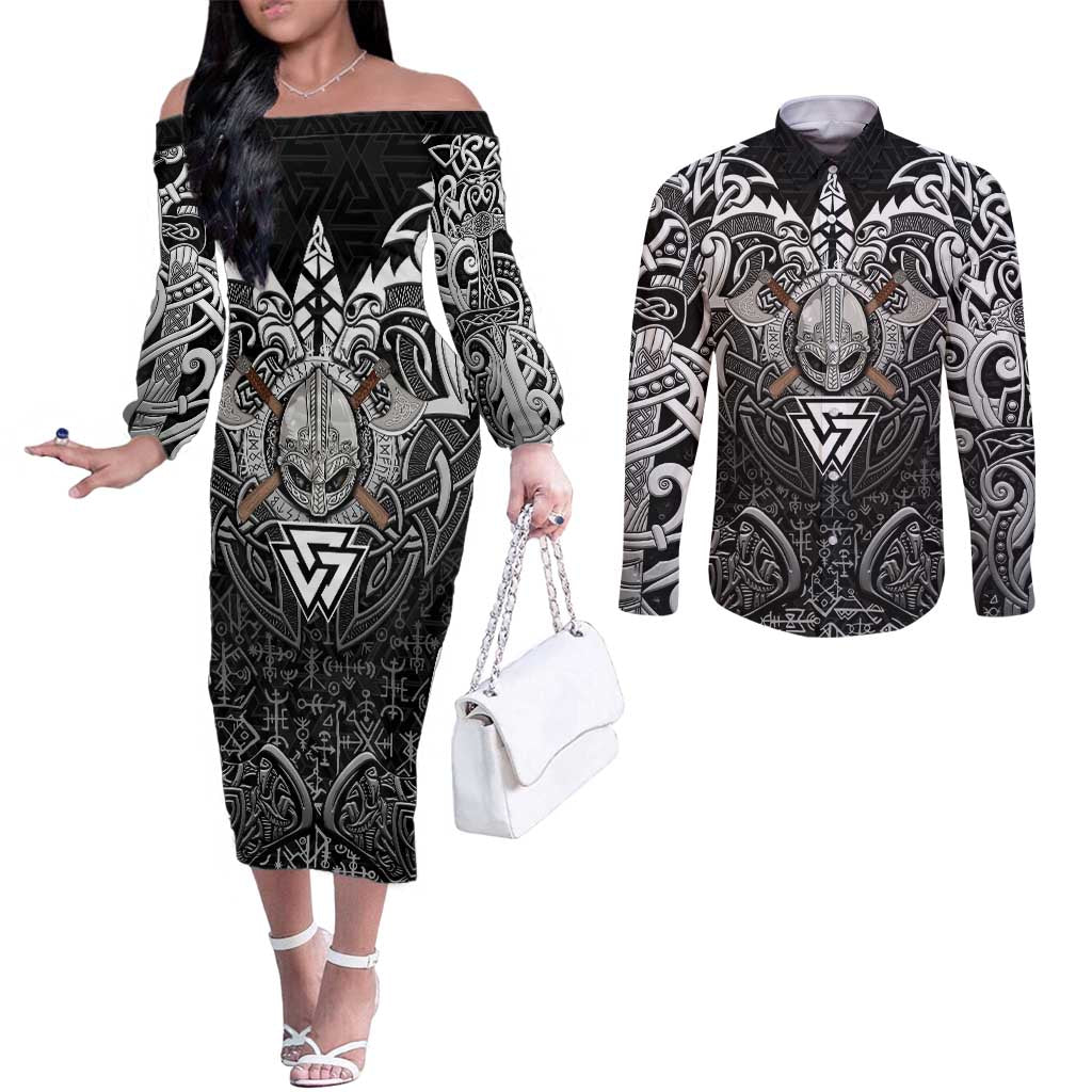 Scandinavian Viking Couples Matching Off The Shoulder Long Sleeve Dress and Long Sleeve Button Shirt Norse Warrior Sigil - Helmet and Battle Axes