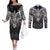 Scandinavian Viking Couples Matching Off The Shoulder Long Sleeve Dress and Long Sleeve Button Shirt Norse Warrior Sigil - Helmet and Battle Axes