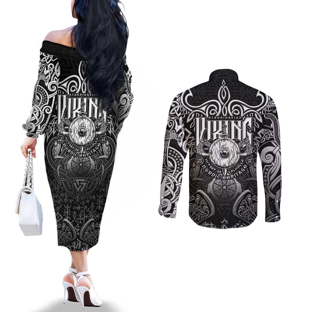 Scandinavian Viking Couples Matching Off The Shoulder Long Sleeve Dress and Long Sleeve Button Shirt Norse Warrior Sigil - Helmet and Battle Axes