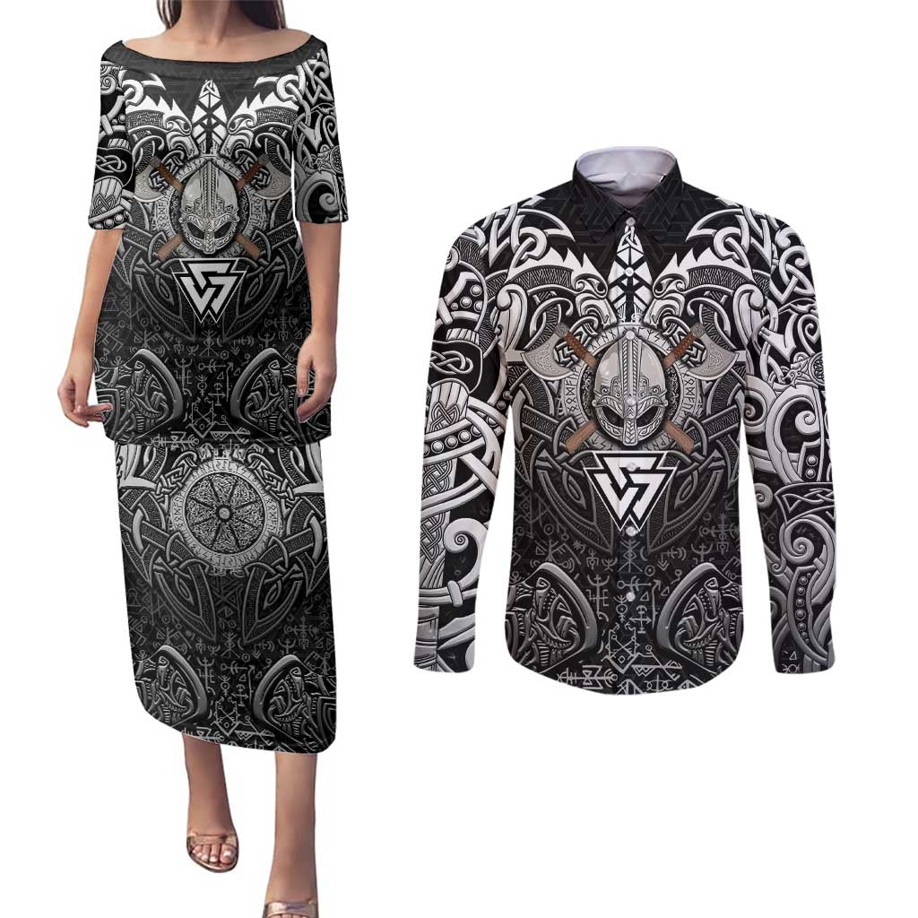 Scandinavian Viking Couples Matching Puletasi and Long Sleeve Button Shirt Norse Warrior Sigil - Helmet and Battle Axes