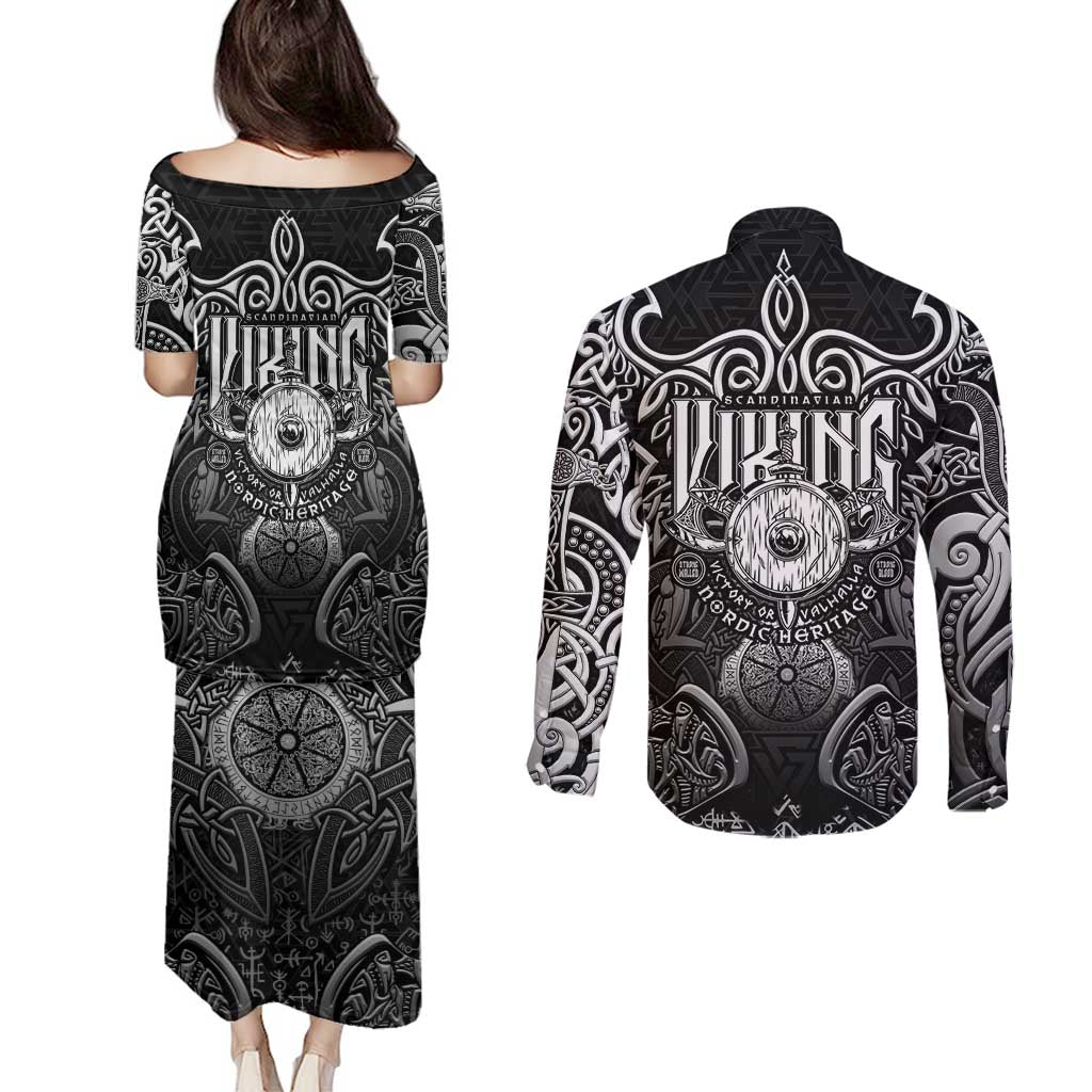 Scandinavian Viking Couples Matching Puletasi and Long Sleeve Button Shirt Norse Warrior Sigil - Helmet and Battle Axes