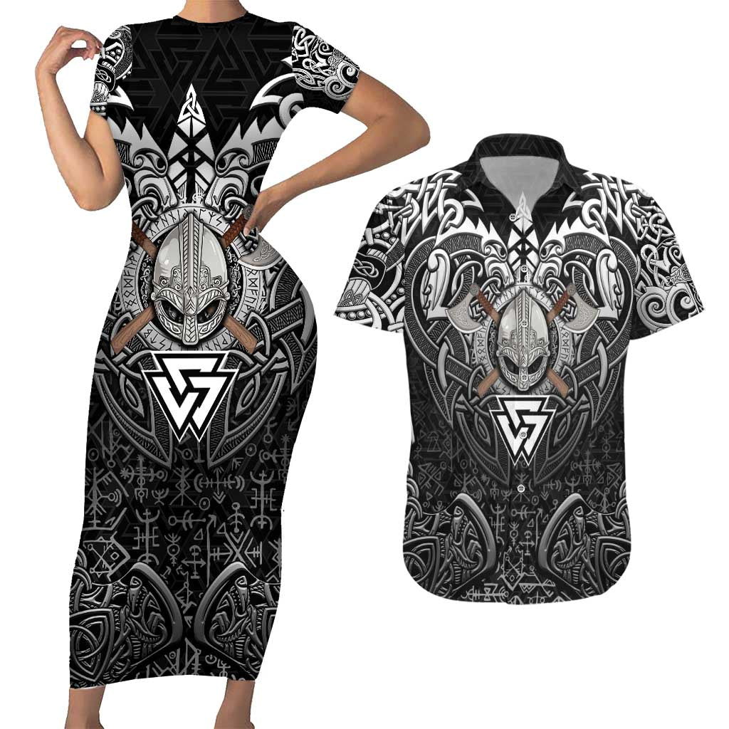 Scandinavian Viking Couples Matching Short Sleeve Bodycon Dress and Hawaiian Shirt Norse Warrior Sigil - Helmet and Battle Axes