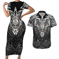 Scandinavian Viking Couples Matching Short Sleeve Bodycon Dress and Hawaiian Shirt Norse Warrior Sigil - Helmet and Battle Axes