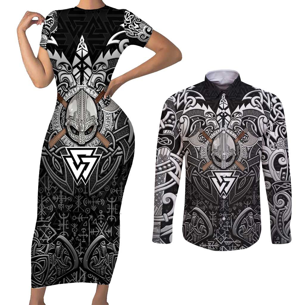 Scandinavian Viking Couples Matching Short Sleeve Bodycon Dress and Long Sleeve Button Shirt Norse Warrior Sigil - Helmet and Battle Axes