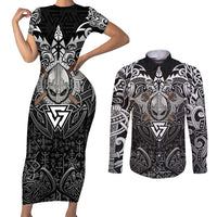 Scandinavian Viking Couples Matching Short Sleeve Bodycon Dress and Long Sleeve Button Shirt Norse Warrior Sigil - Helmet and Battle Axes