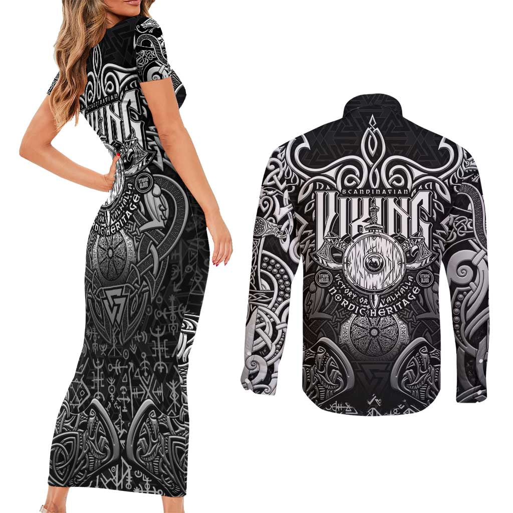 Scandinavian Viking Couples Matching Short Sleeve Bodycon Dress and Long Sleeve Button Shirt Norse Warrior Sigil - Helmet and Battle Axes