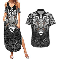 Scandinavian Viking Couples Matching Summer Maxi Dress and Hawaiian Shirt Norse Warrior Sigil - Helmet and Battle Axes