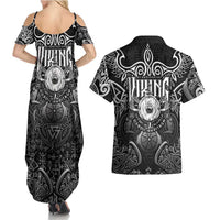 Scandinavian Viking Couples Matching Summer Maxi Dress and Hawaiian Shirt Norse Warrior Sigil - Helmet and Battle Axes