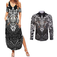 Scandinavian Viking Couples Matching Summer Maxi Dress and Long Sleeve Button Shirt Norse Warrior Sigil - Helmet and Battle Axes