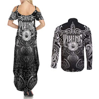 Scandinavian Viking Couples Matching Summer Maxi Dress and Long Sleeve Button Shirt Norse Warrior Sigil - Helmet and Battle Axes