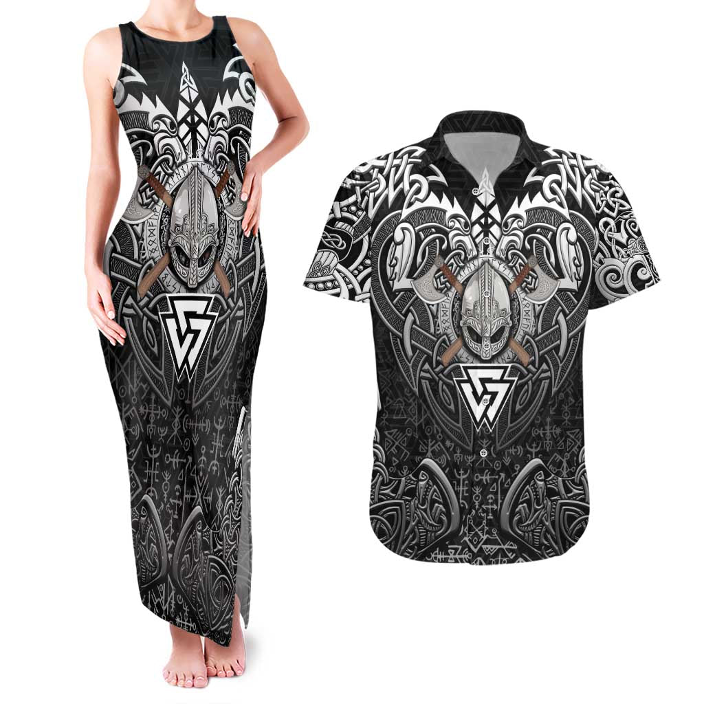Scandinavian Viking Couples Matching Tank Maxi Dress and Hawaiian Shirt Norse Warrior Sigil - Helmet and Battle Axes