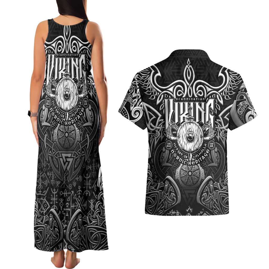 Scandinavian Viking Couples Matching Tank Maxi Dress and Hawaiian Shirt Norse Warrior Sigil - Helmet and Battle Axes